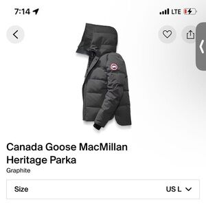 Canada Goose MacMillan Heritage Parka Gray Men’s Size Large